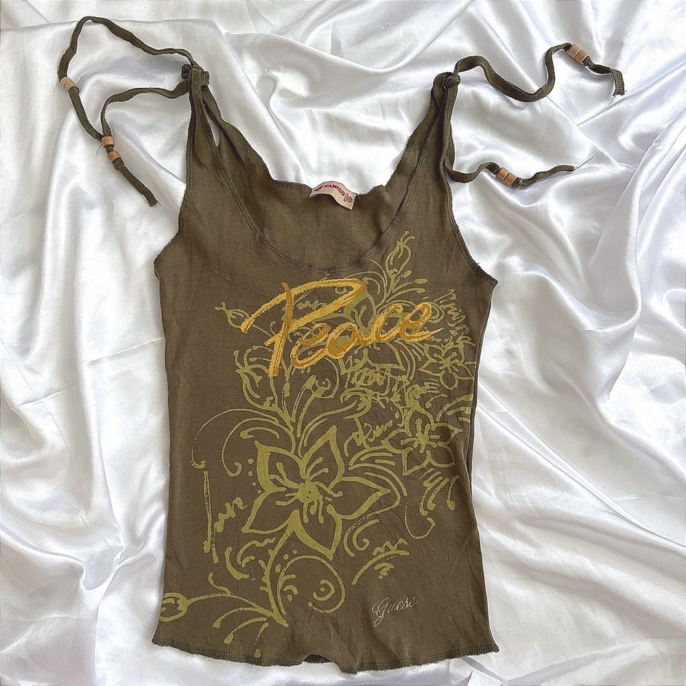 Guess Jeans Vintage Peace Floral Tank Top Brown Tie Shoulder Wood Bead Small